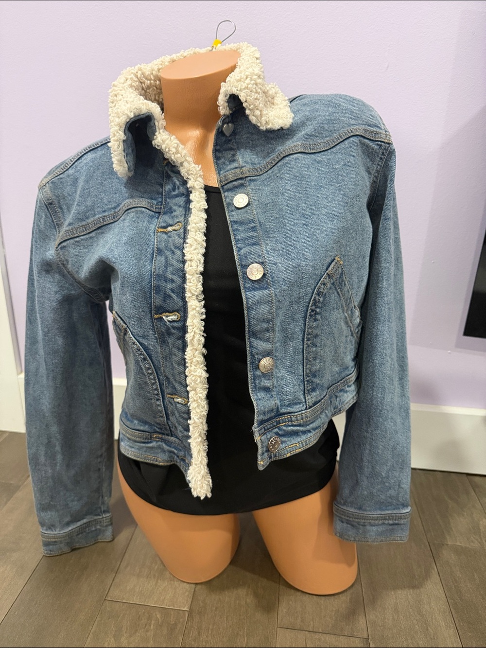 Celebrity Pink Light Blue Denim Jacket with Cream Sherpa Trim